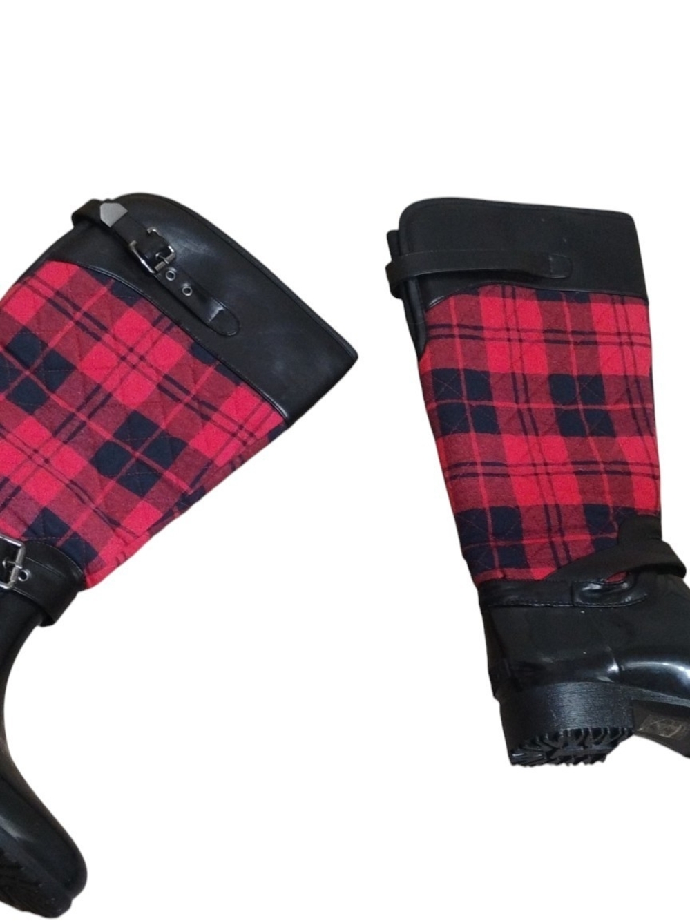 Charlie Paige Red Plaid Quilted Tall Rain Boots w Black Trim Size 10 - Picture 2 of 11